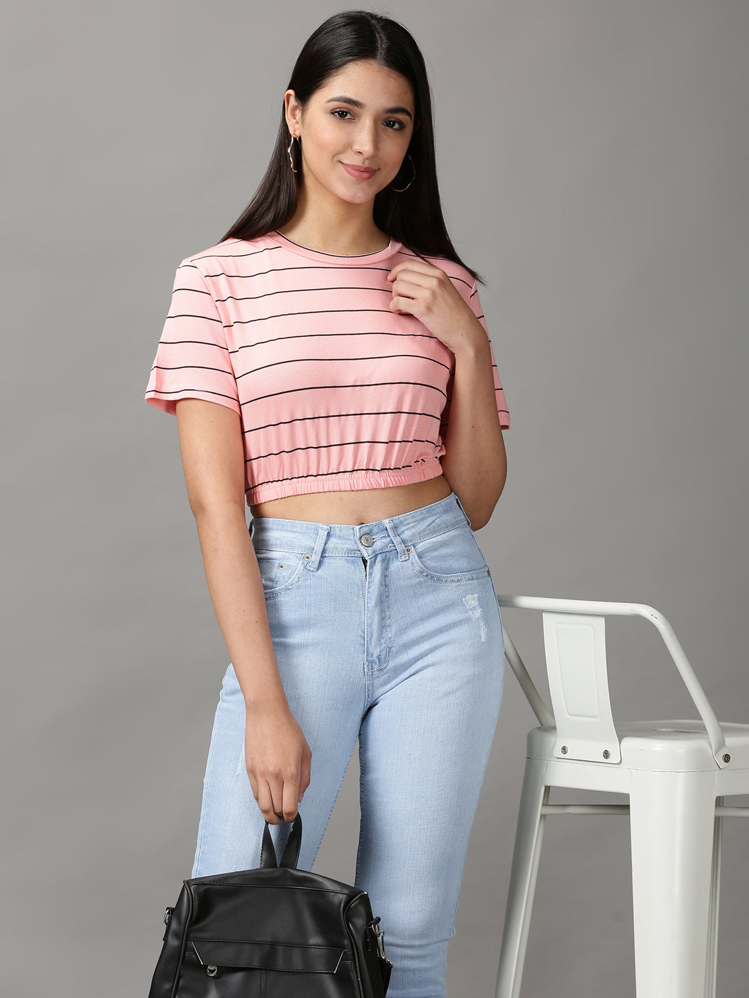 Women's Peach Striped Cinched Waist Crop Top