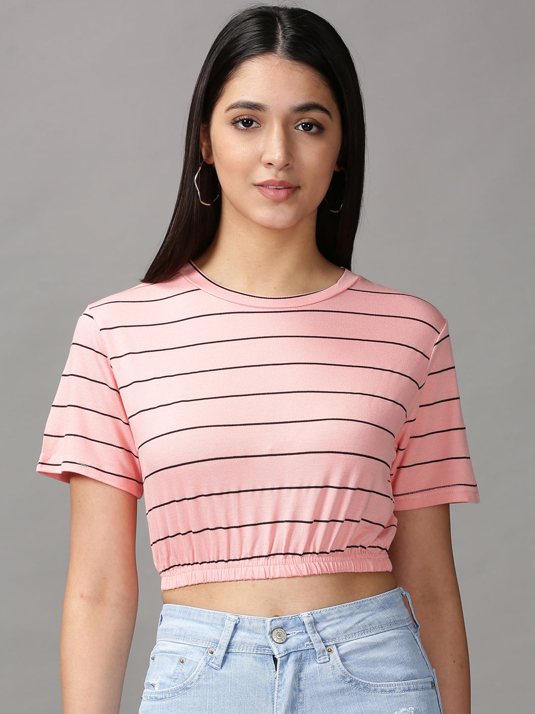 Women's Peach Striped Cinched Waist Crop Top