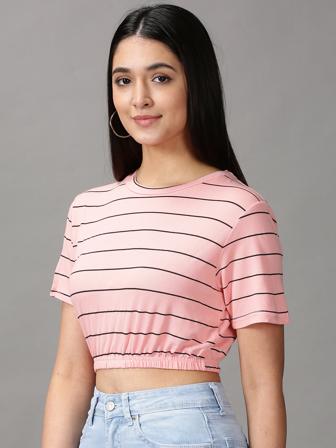 Women's Peach Striped Cinched Waist Crop Top