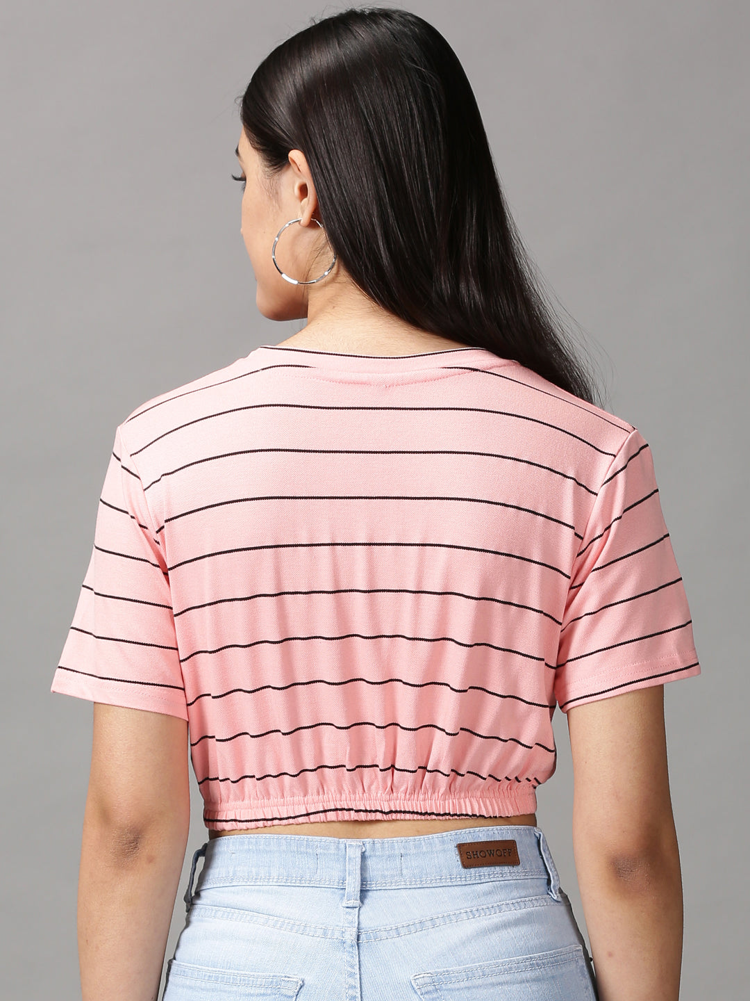 Women's Peach Striped Cinched Waist Crop Top