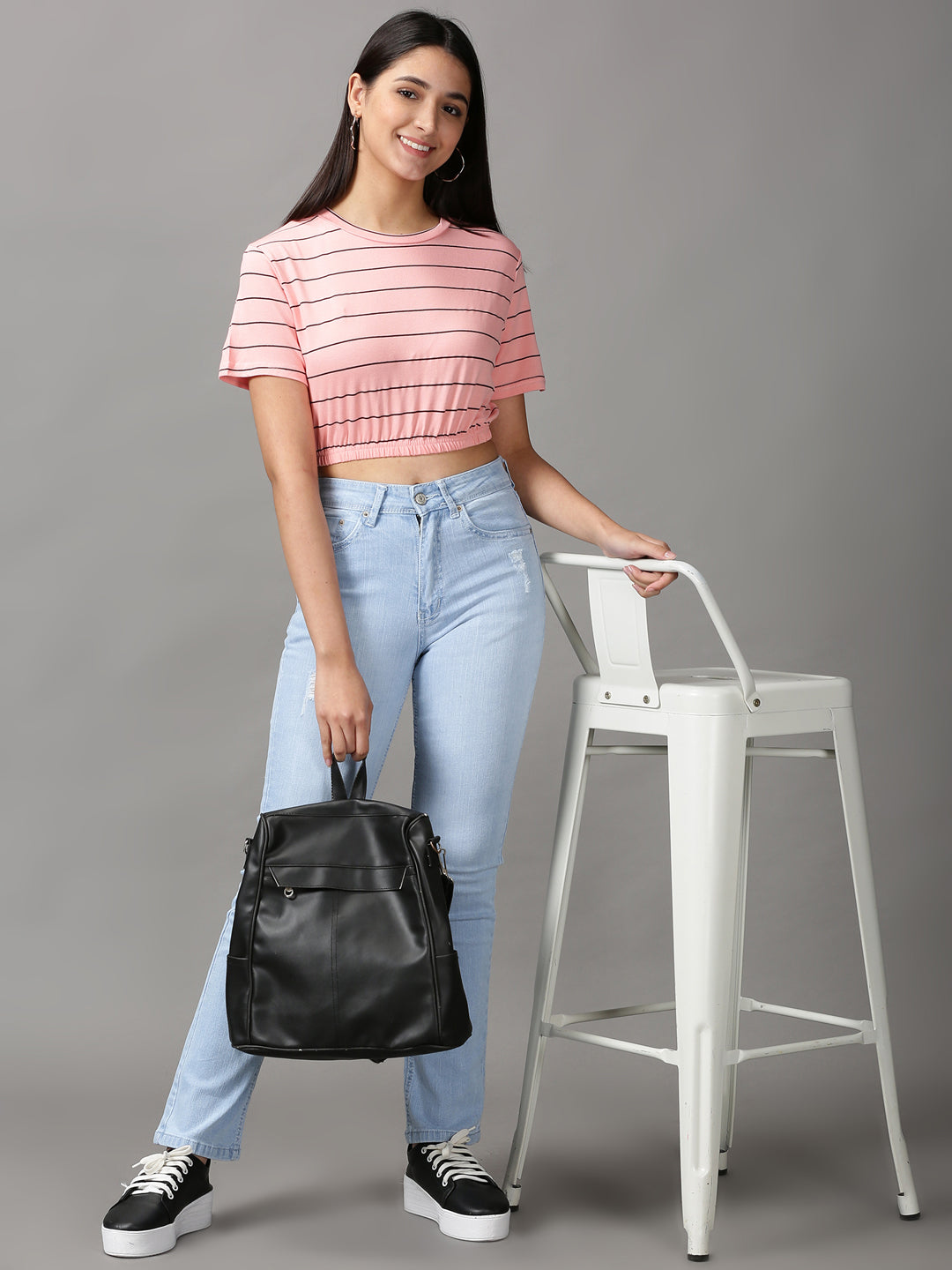 Women's Peach Striped Cinched Waist Crop Top