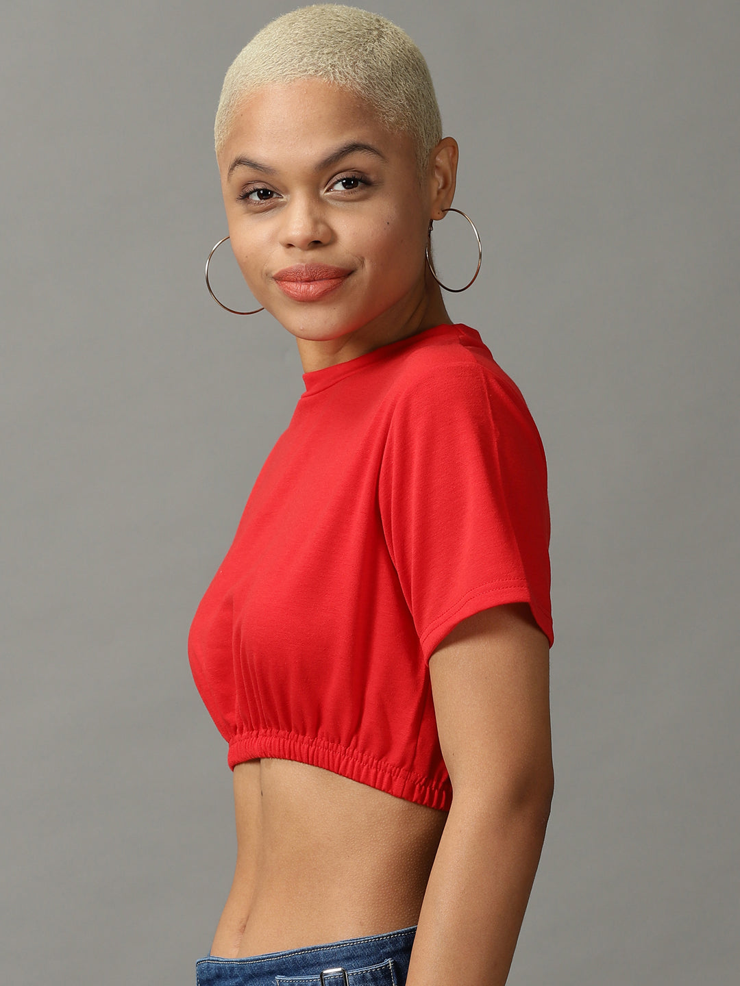 Women's Red Solid Cinched Waist Crop Top