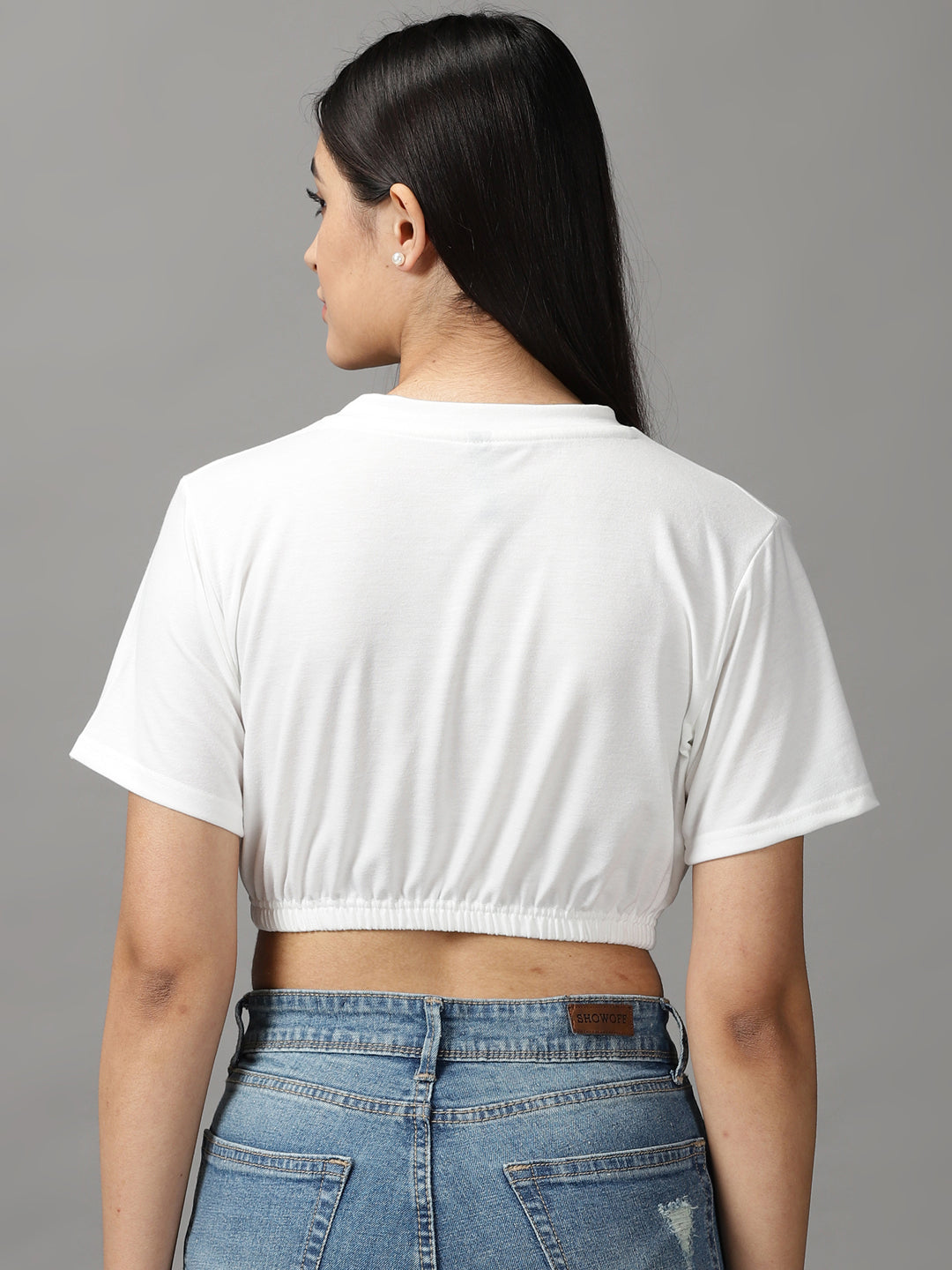 Women's White Solid Cinched Waist Crop Top