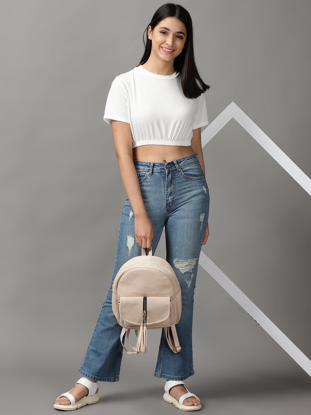 Women's White Solid Cinched Waist Crop Top