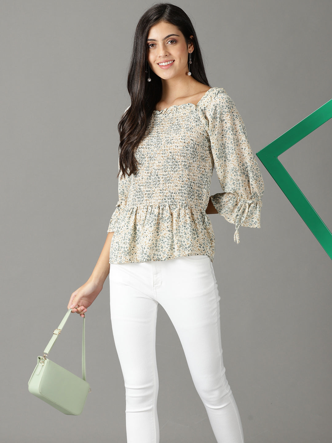 Women's Off White Printed Peplum Top