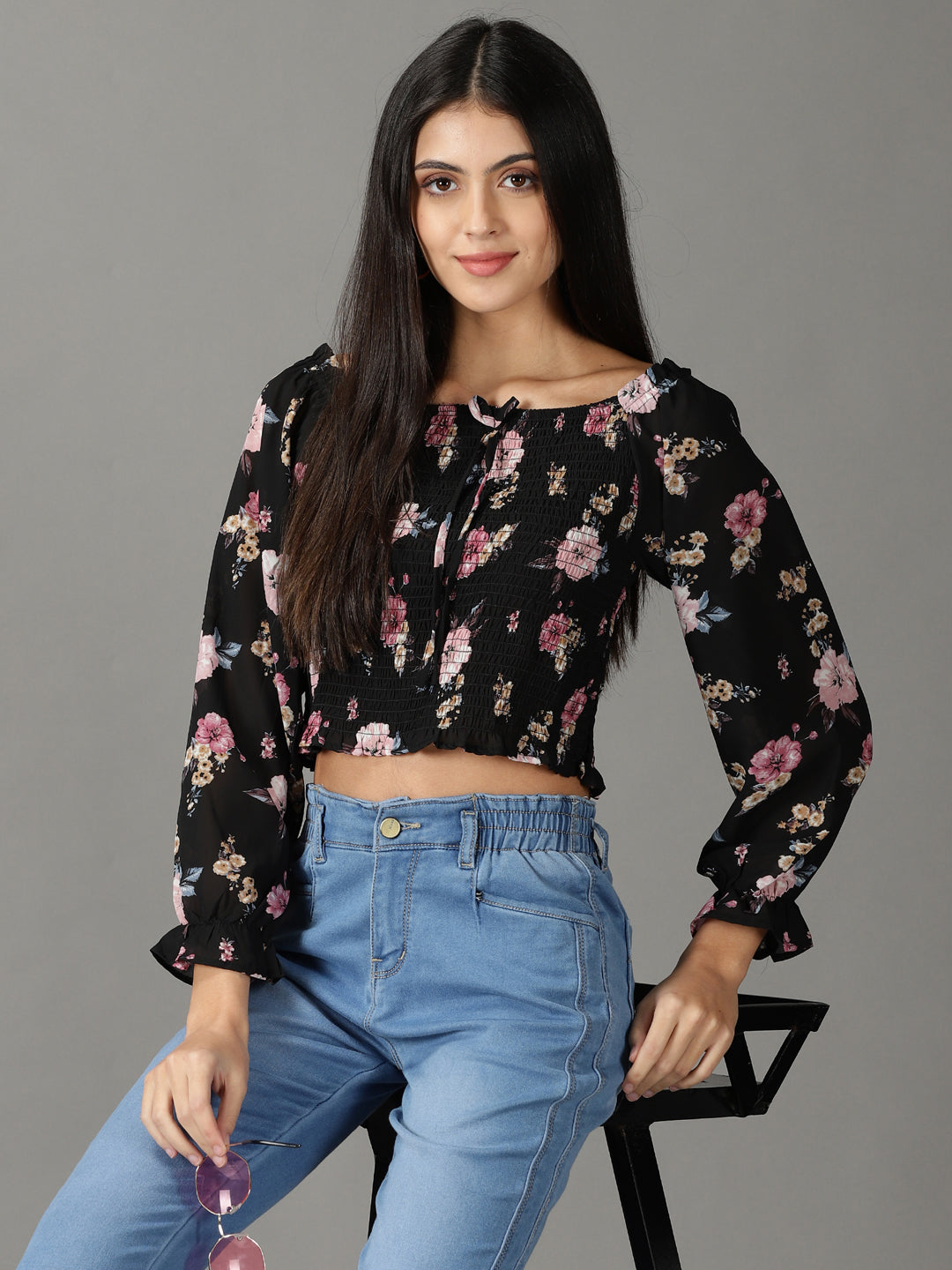 Women's Black Printed Blouson Top