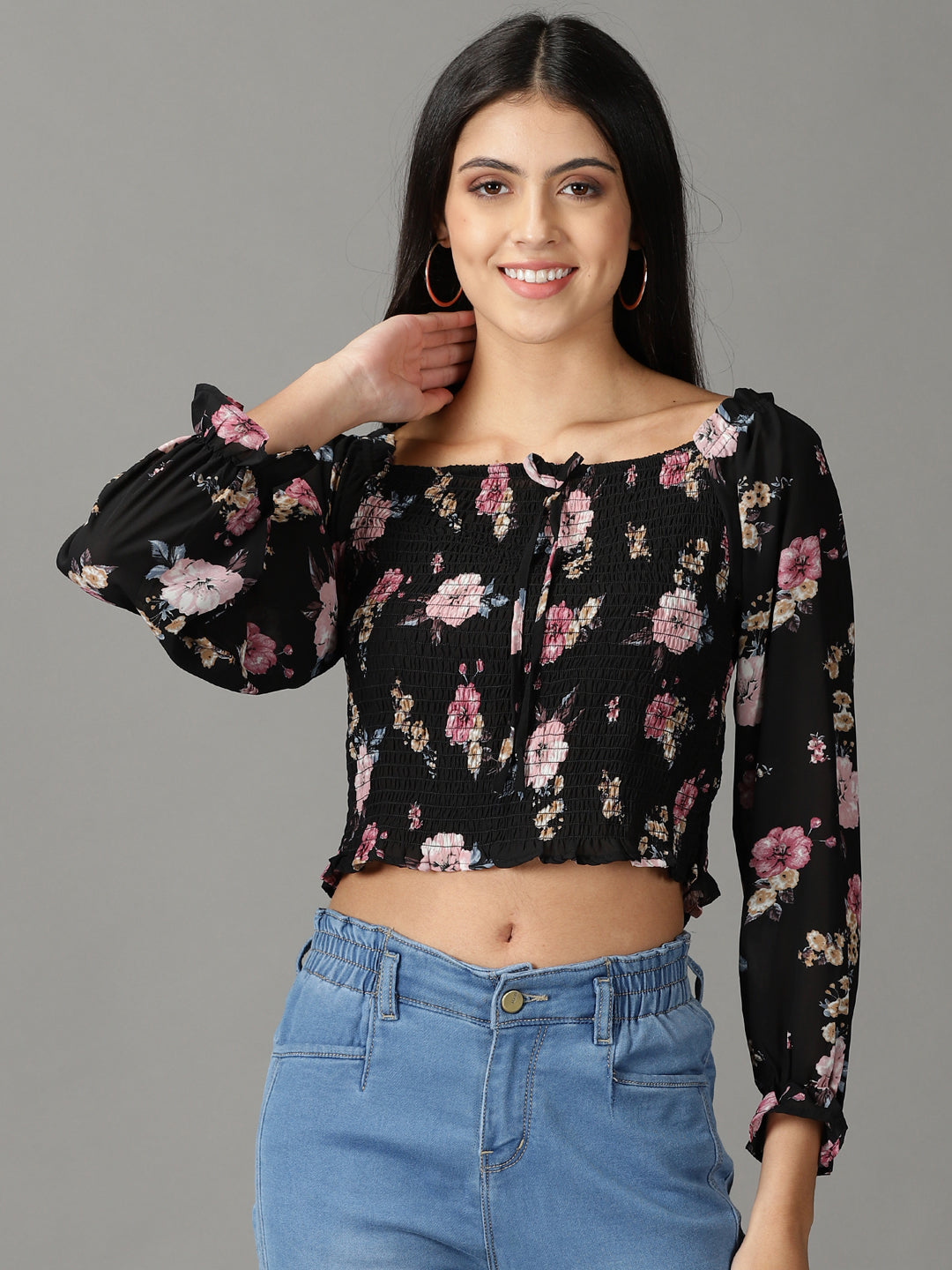 Women's Black Printed Blouson Top