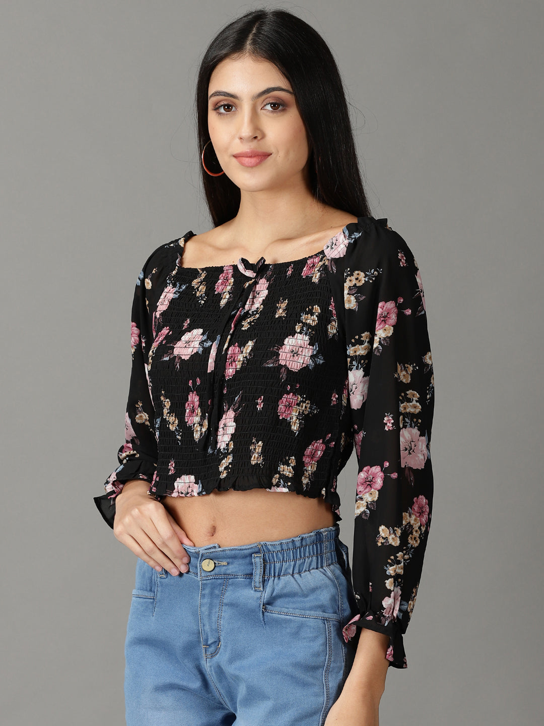 Women's Black Printed Blouson Top