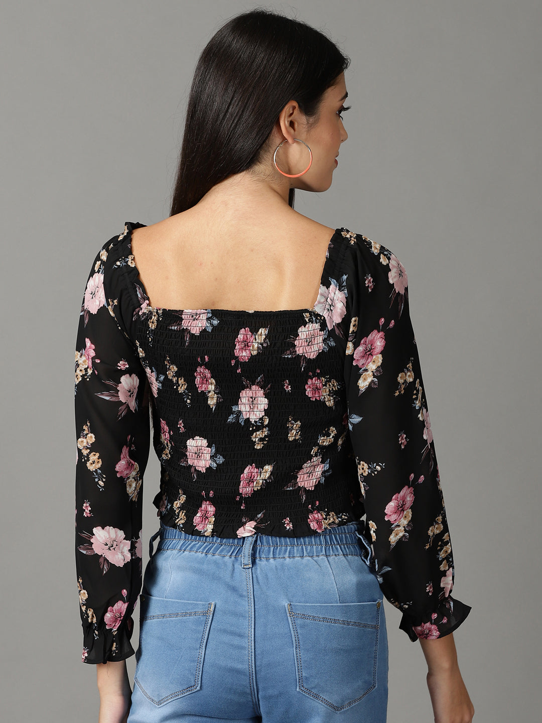 Women's Black Printed Blouson Top