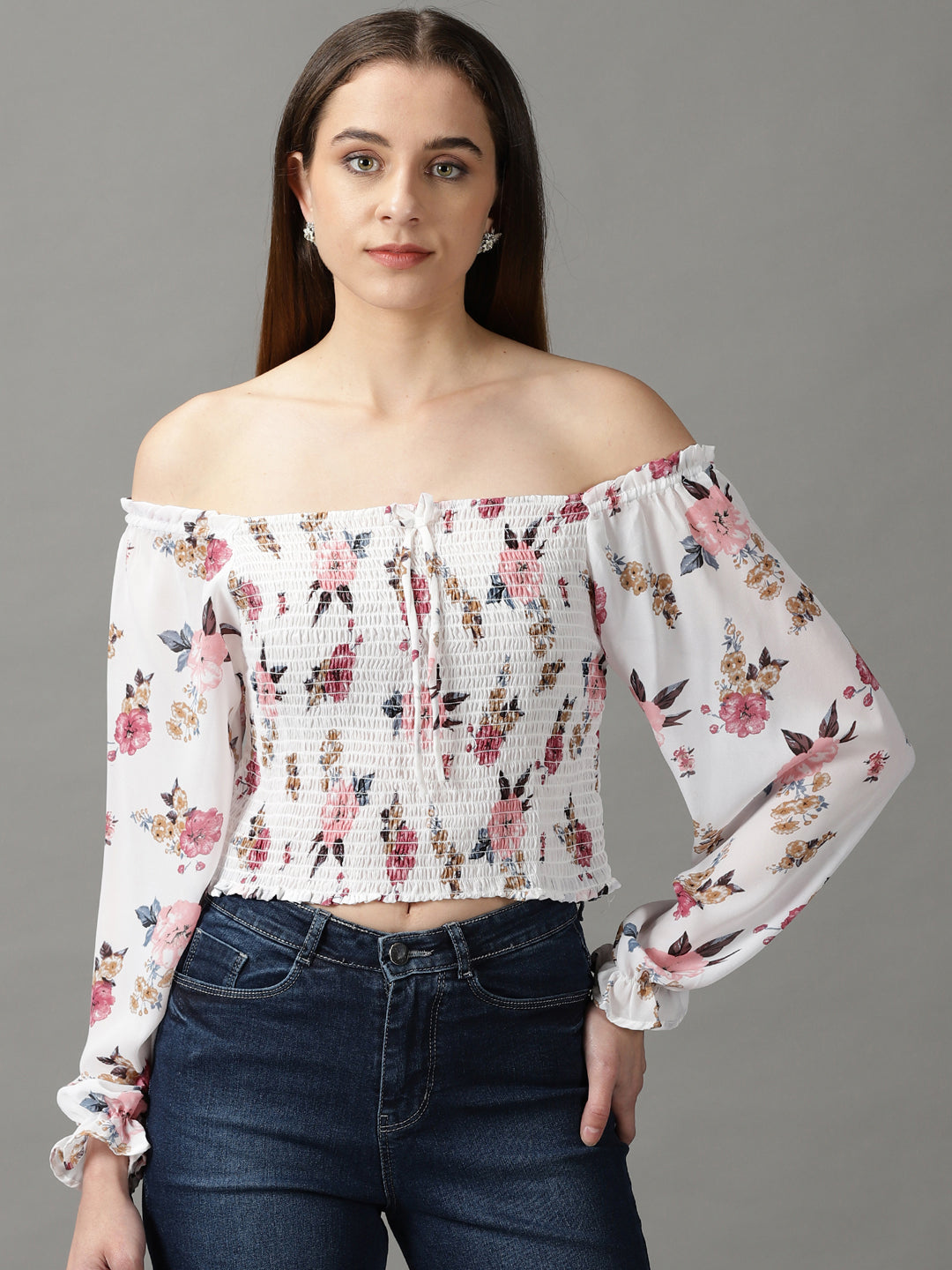 Women's White Printed Blouson Top