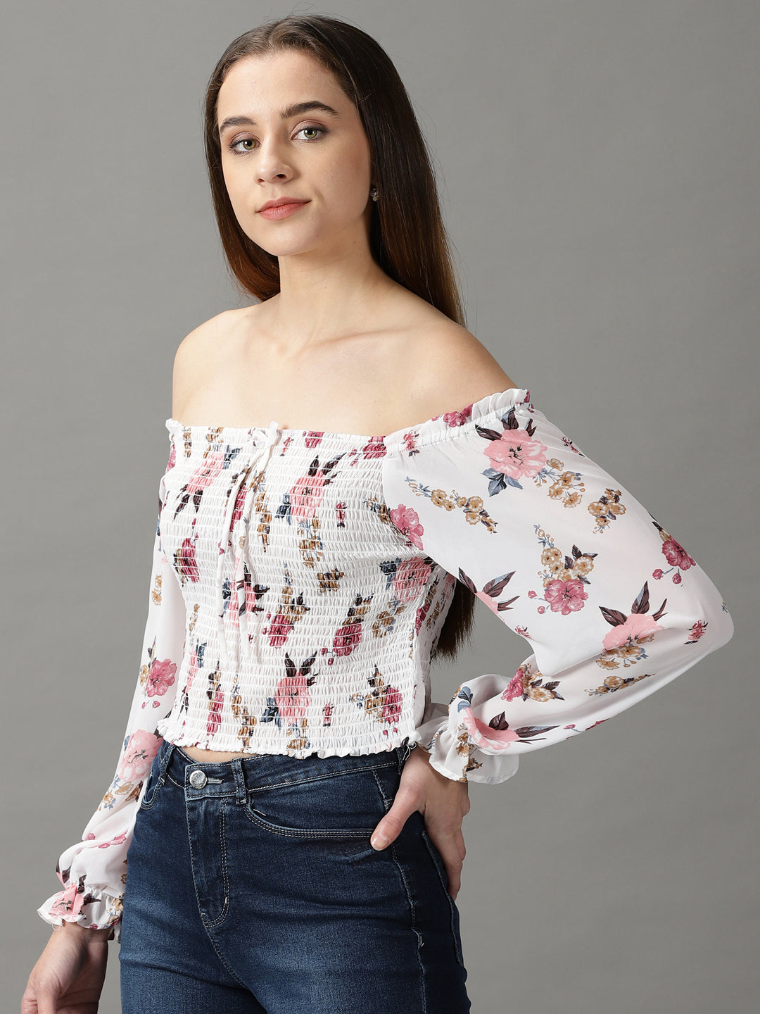 Women's White Printed Blouson Top