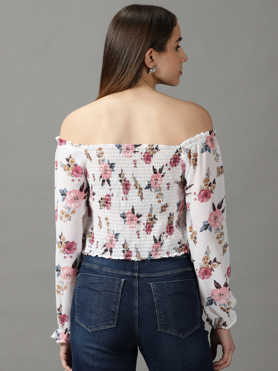 Women's White Printed Blouson Top