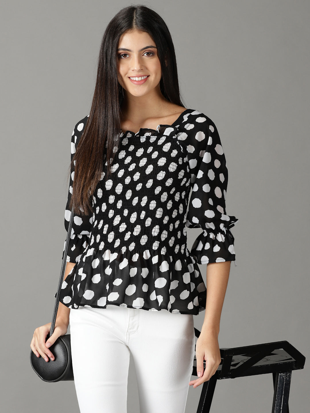 Women's Black Printed Peplum Top