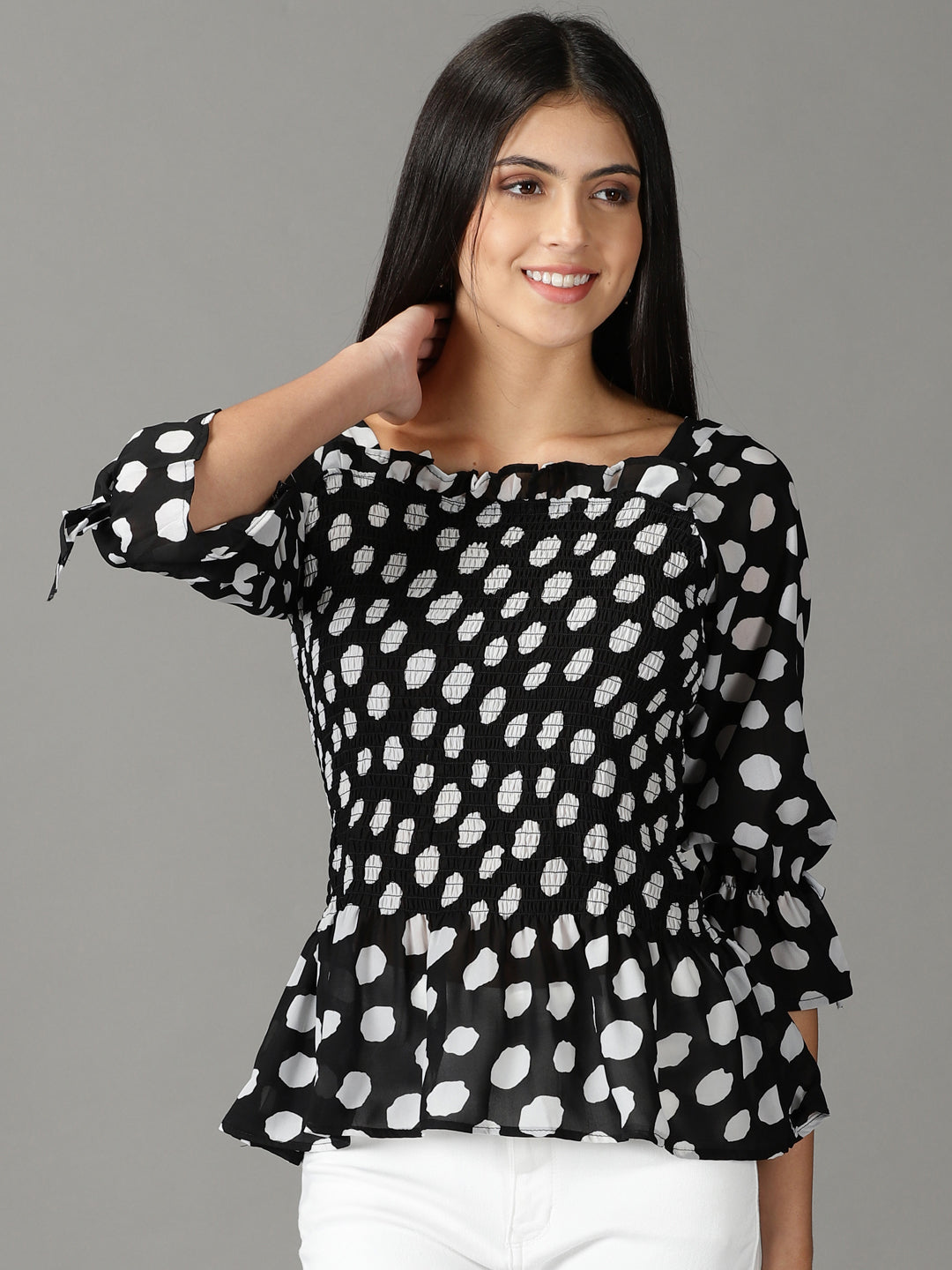 Women's Black Printed Peplum Top