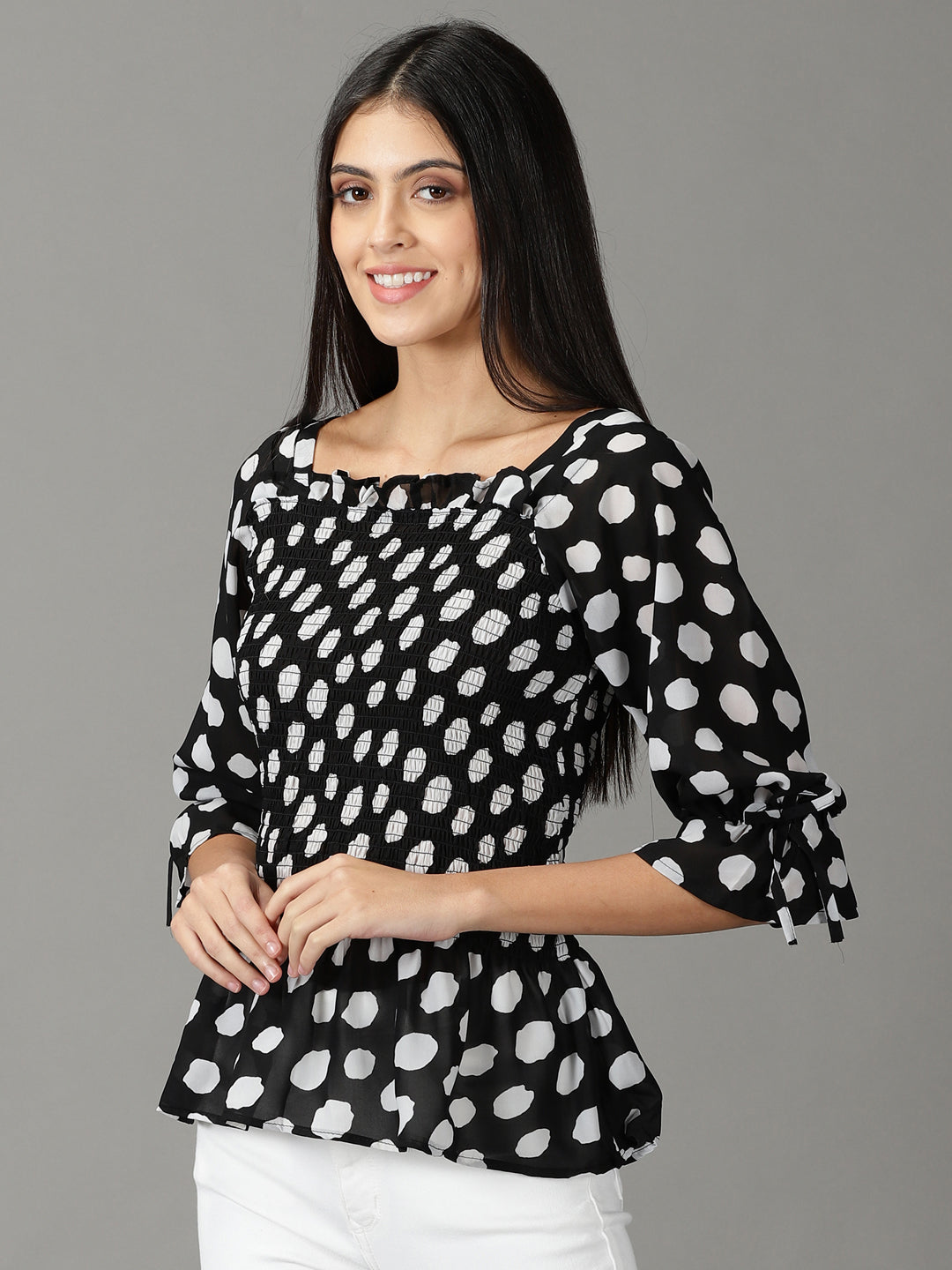 Women's Black Printed Peplum Top