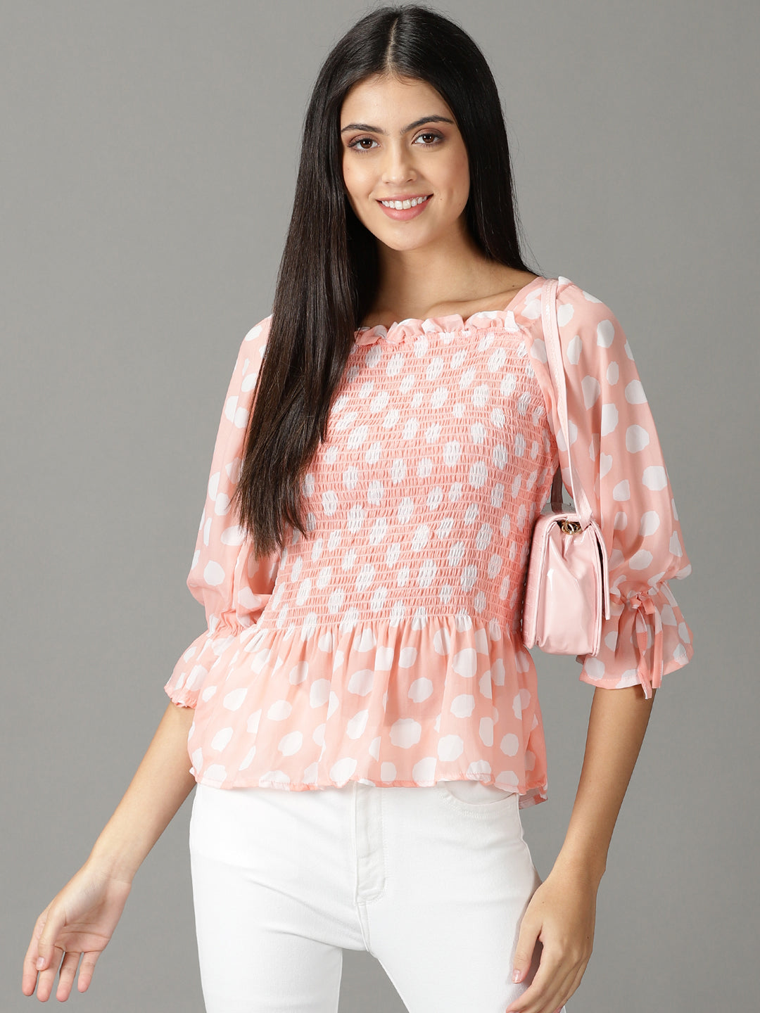 Women's Peach Printed Peplum Top