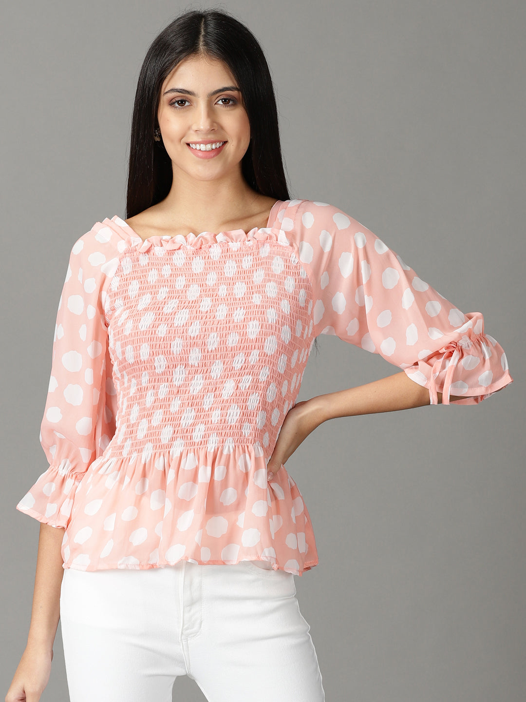 Women's Peach Printed Peplum Top