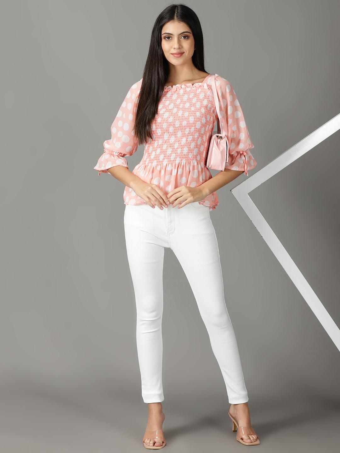 Women's Peach Printed Peplum Top