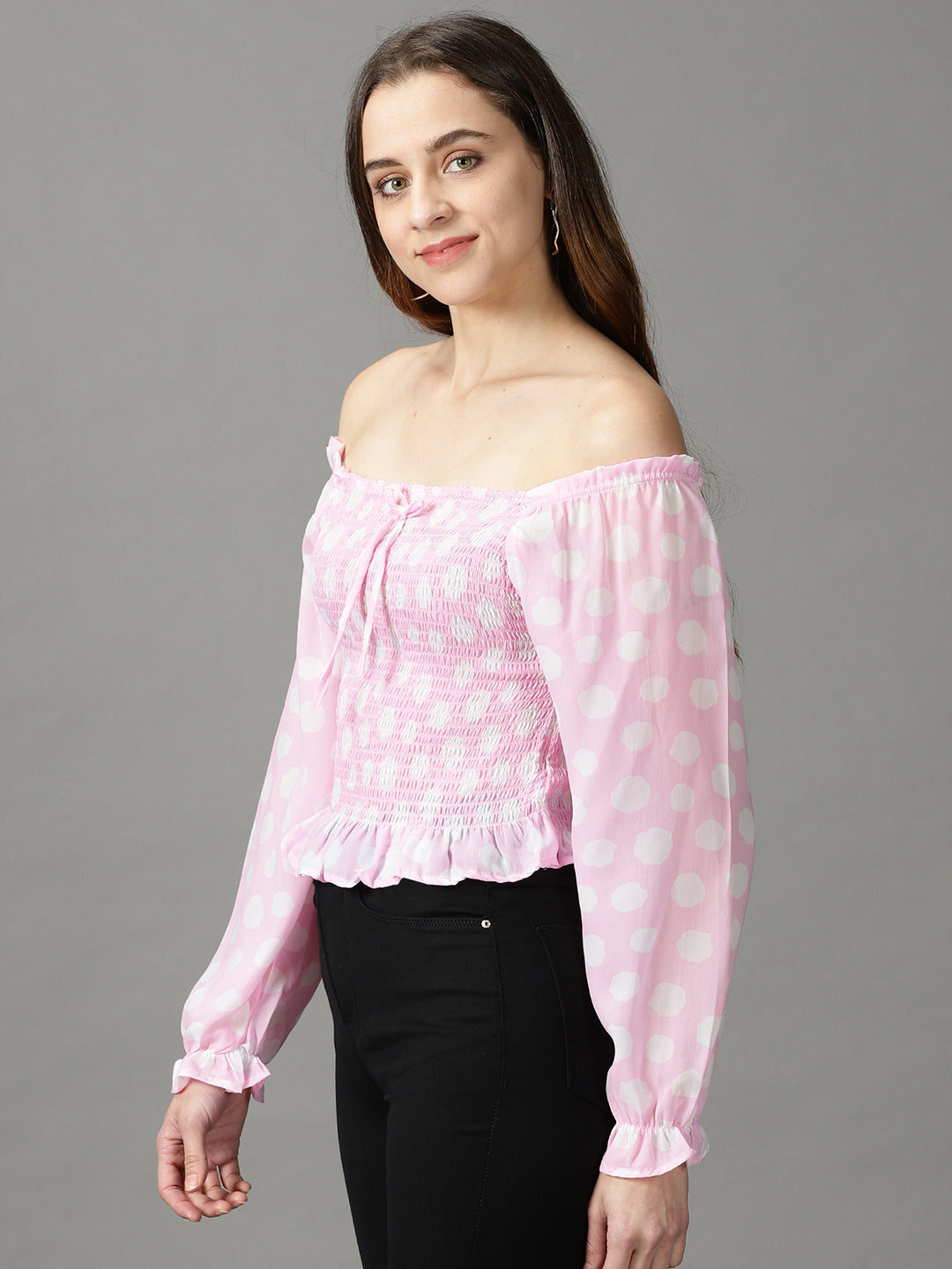 Women's Pink Printed Blouson Top