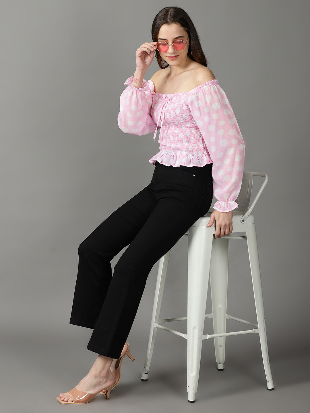 Women's Pink Printed Blouson Top