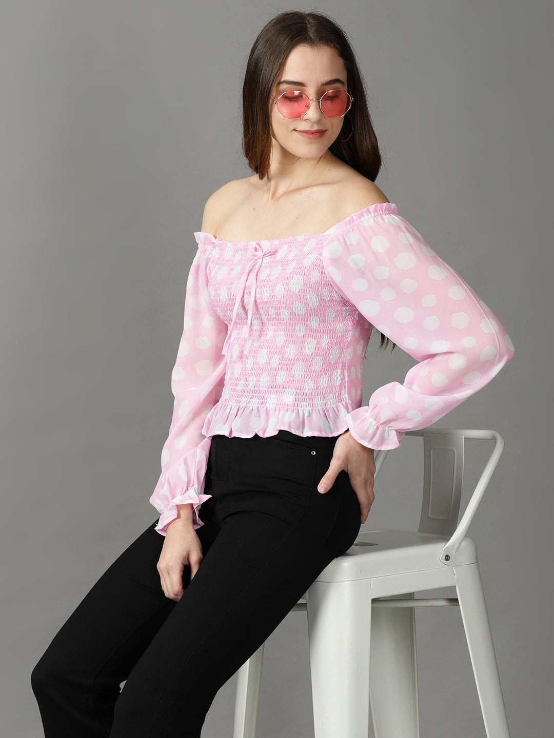 Women's Pink Printed Blouson Top