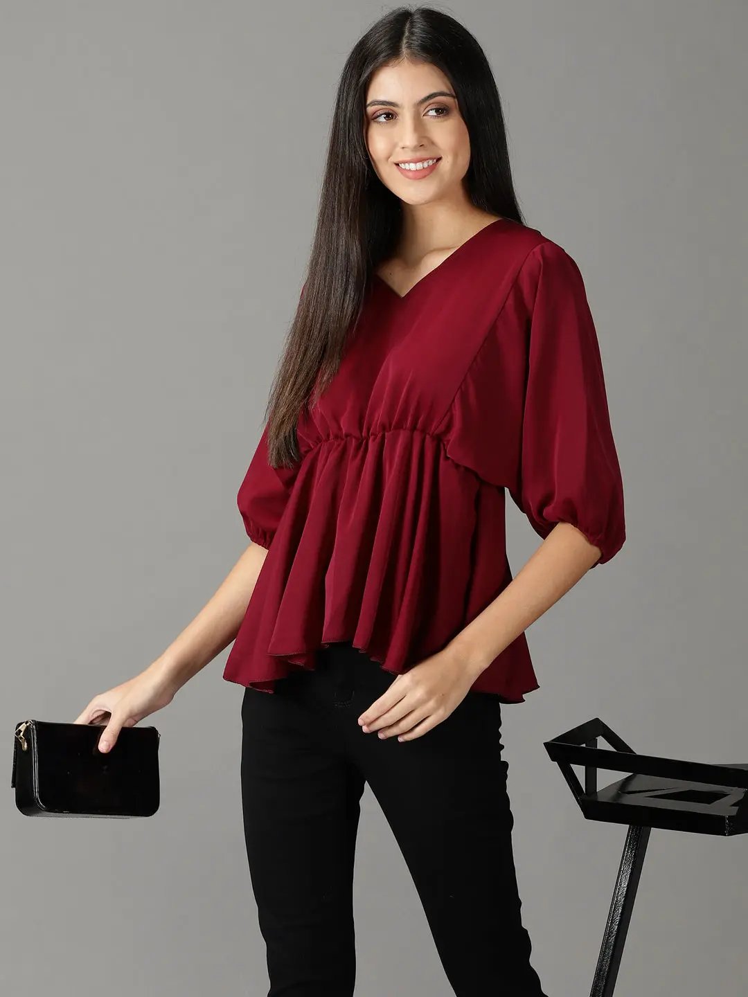 Women's Burgundy Solid Peplum Top