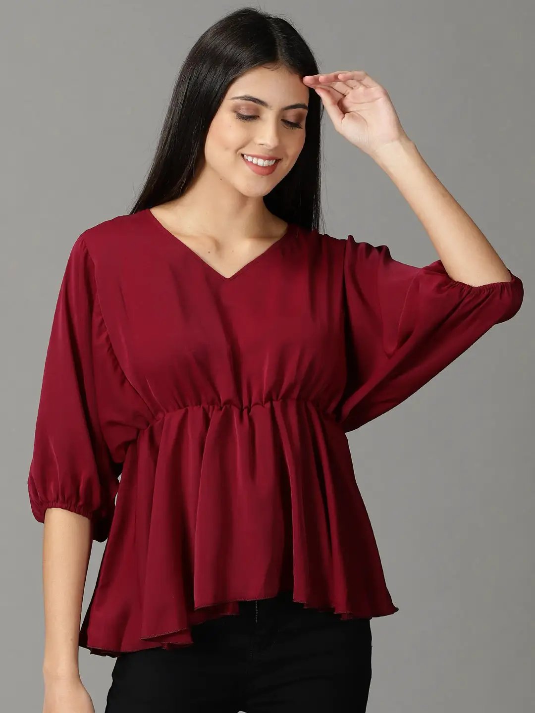 Women's Burgundy Solid Peplum Top