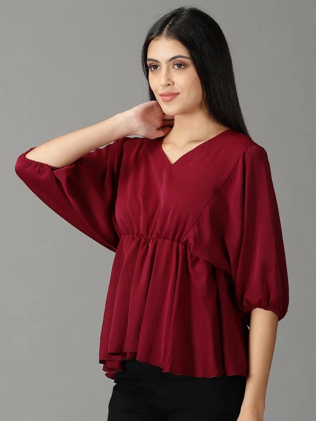Women's Burgundy Solid Peplum Top