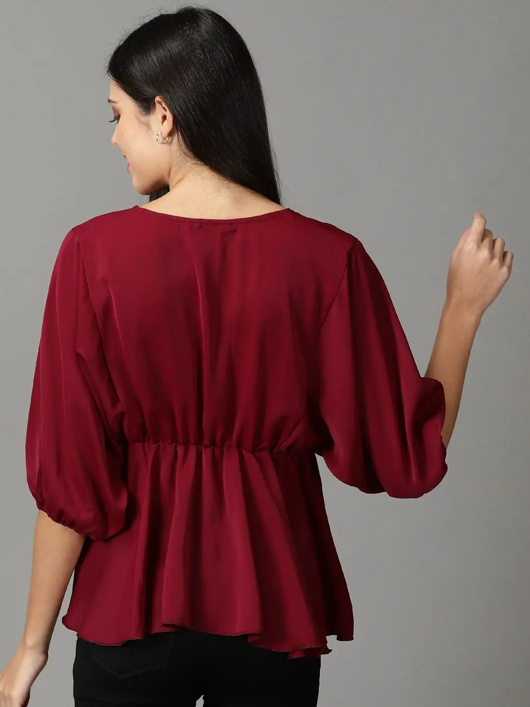 Women's Burgundy Solid Peplum Top