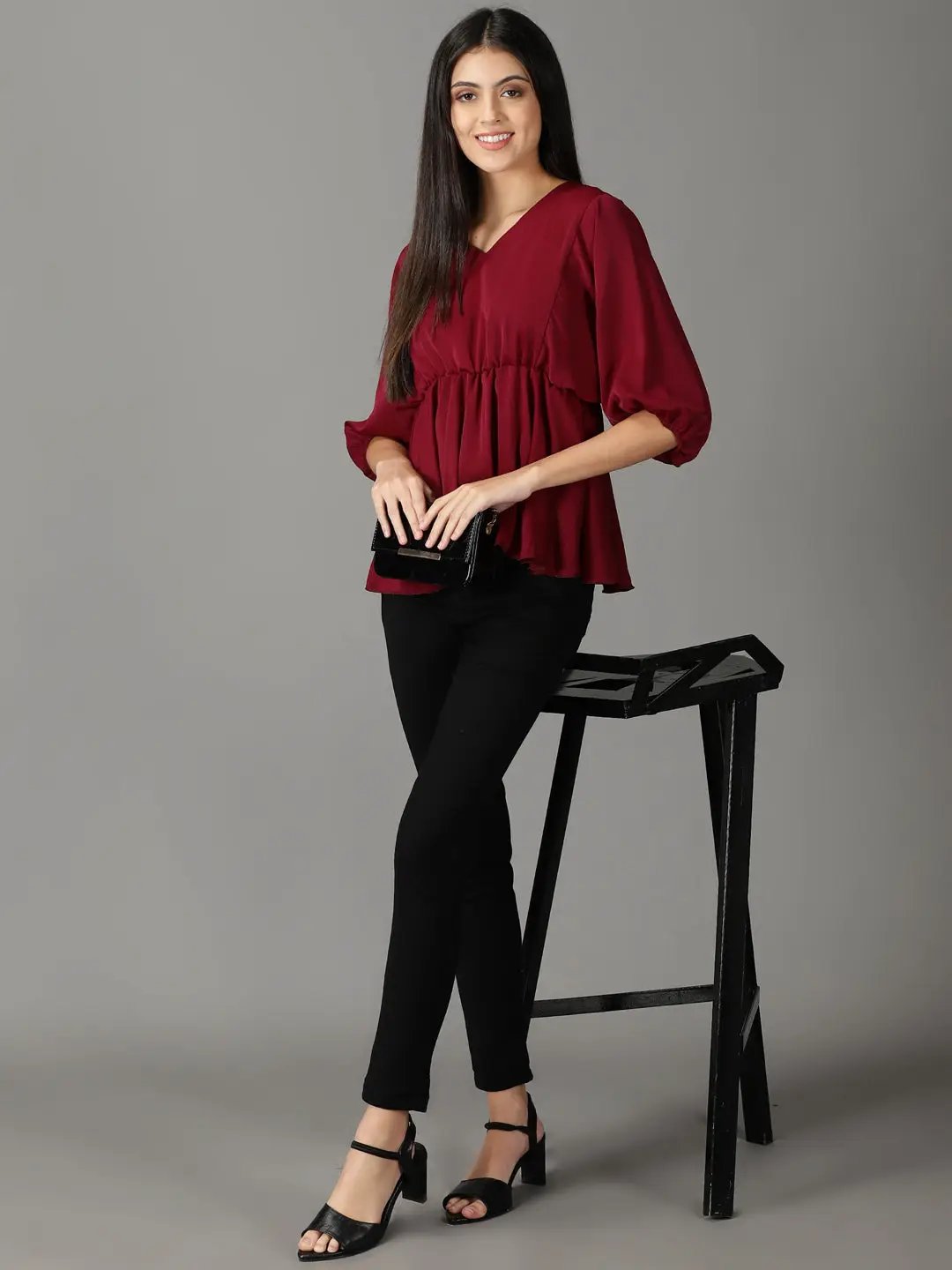 Women's Burgundy Solid Peplum Top