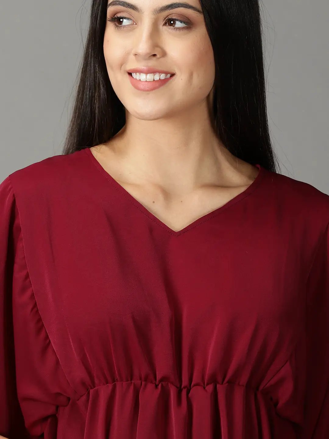 Women's Burgundy Solid Peplum Top