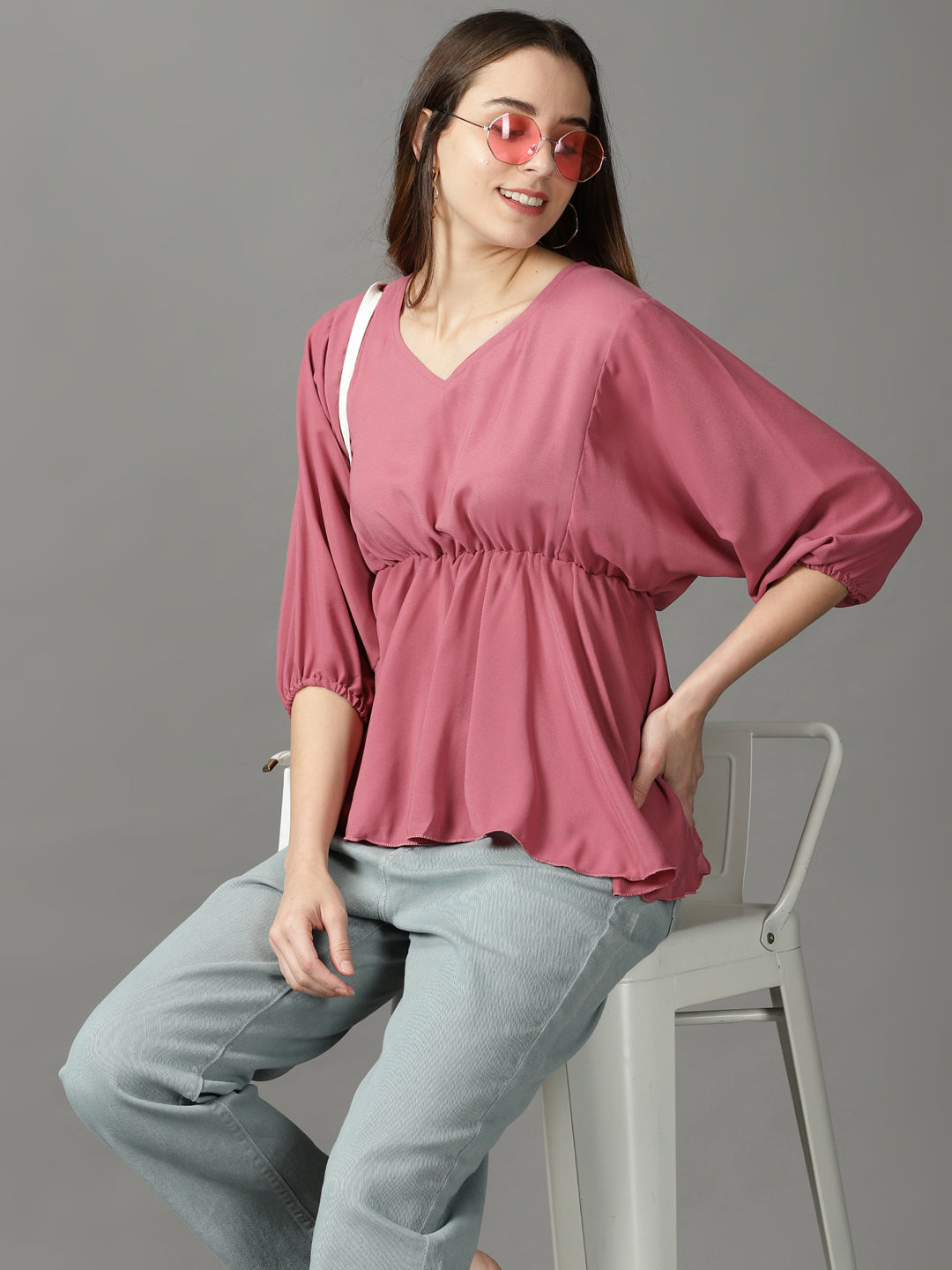 Women's Pink Solid Peplum Top