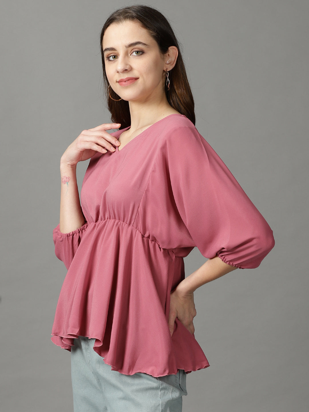 Women's Pink Solid Peplum Top