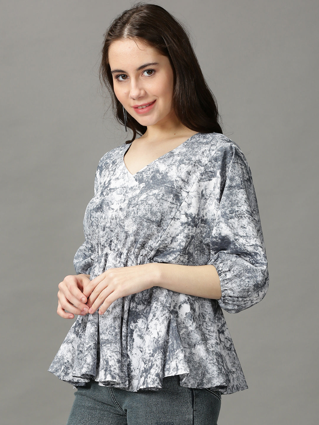 Women's Grey Printed Peplum Top