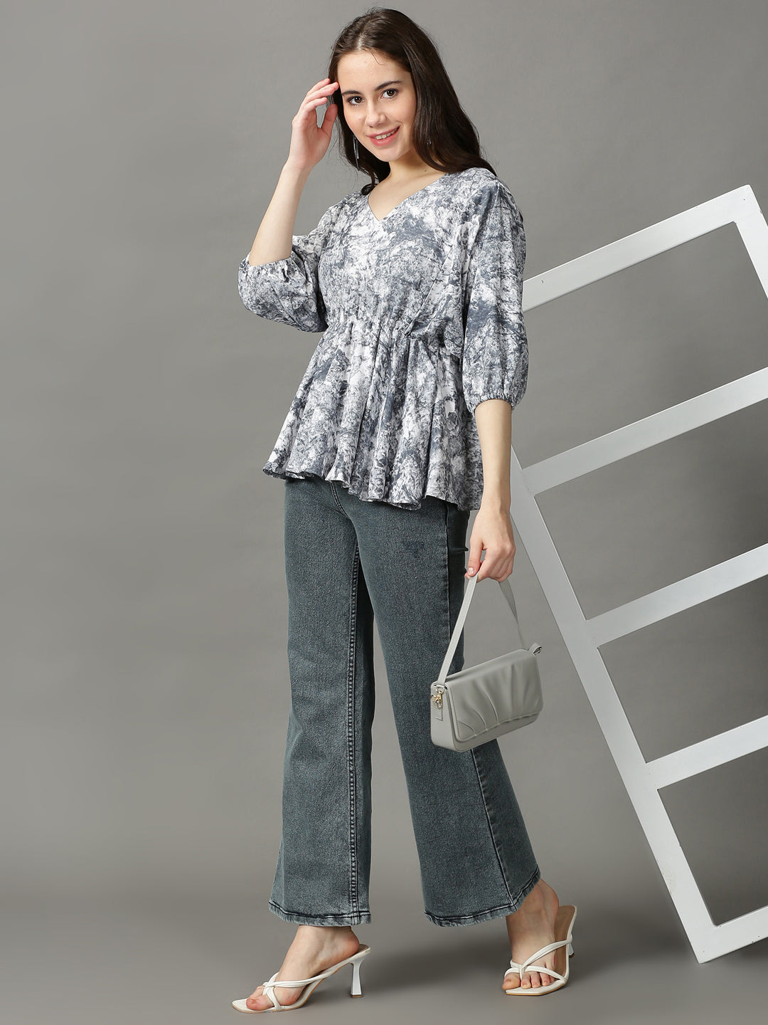 Women's Grey Printed Peplum Top