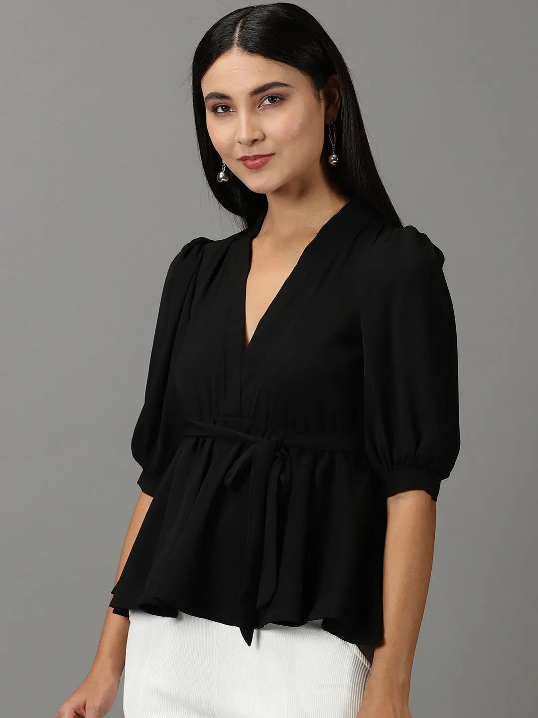 Women's Black Puff Sleeves V-Neck Waist Tie-Up Peplum Top - from SHOWOFFFF
