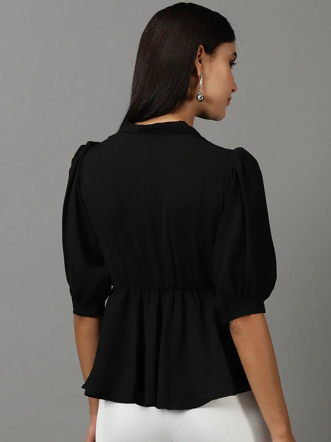 Women's Black Puff Sleeves V-Neck Waist Tie-Up Peplum Top - from SHOWOFFFF