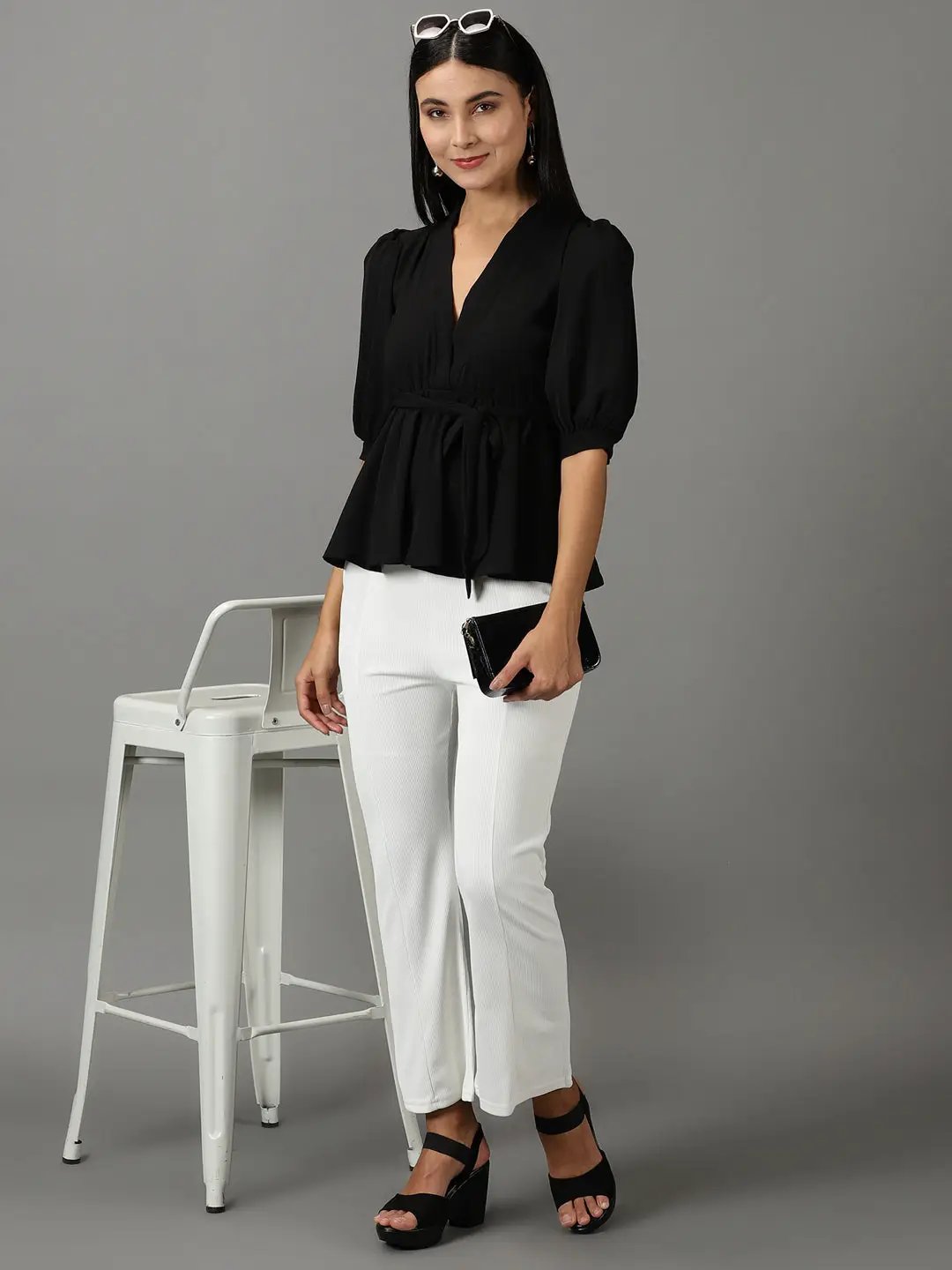 Women's Black Puff Sleeves V-Neck Waist Tie-Up Peplum Top - from SHOWOFFFF