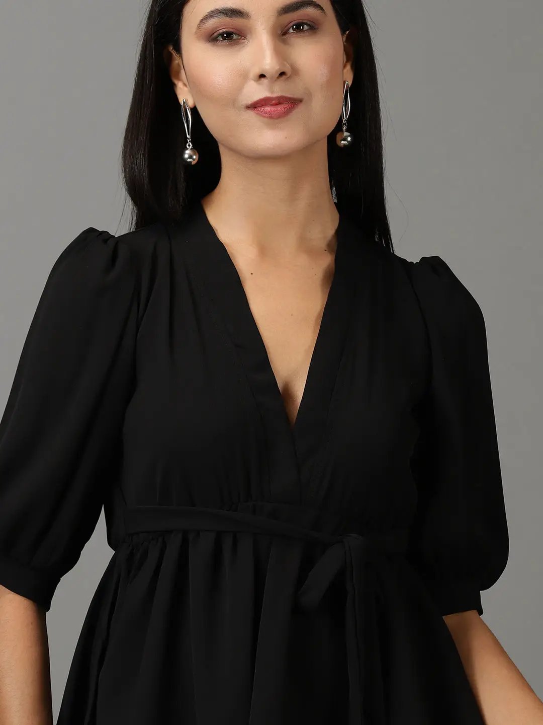 Women's Black Puff Sleeves V-Neck Waist Tie-Up Peplum Top - from SHOWOFFFF