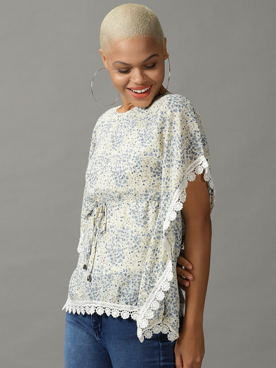 Women's Cream Printed Kaftan Top