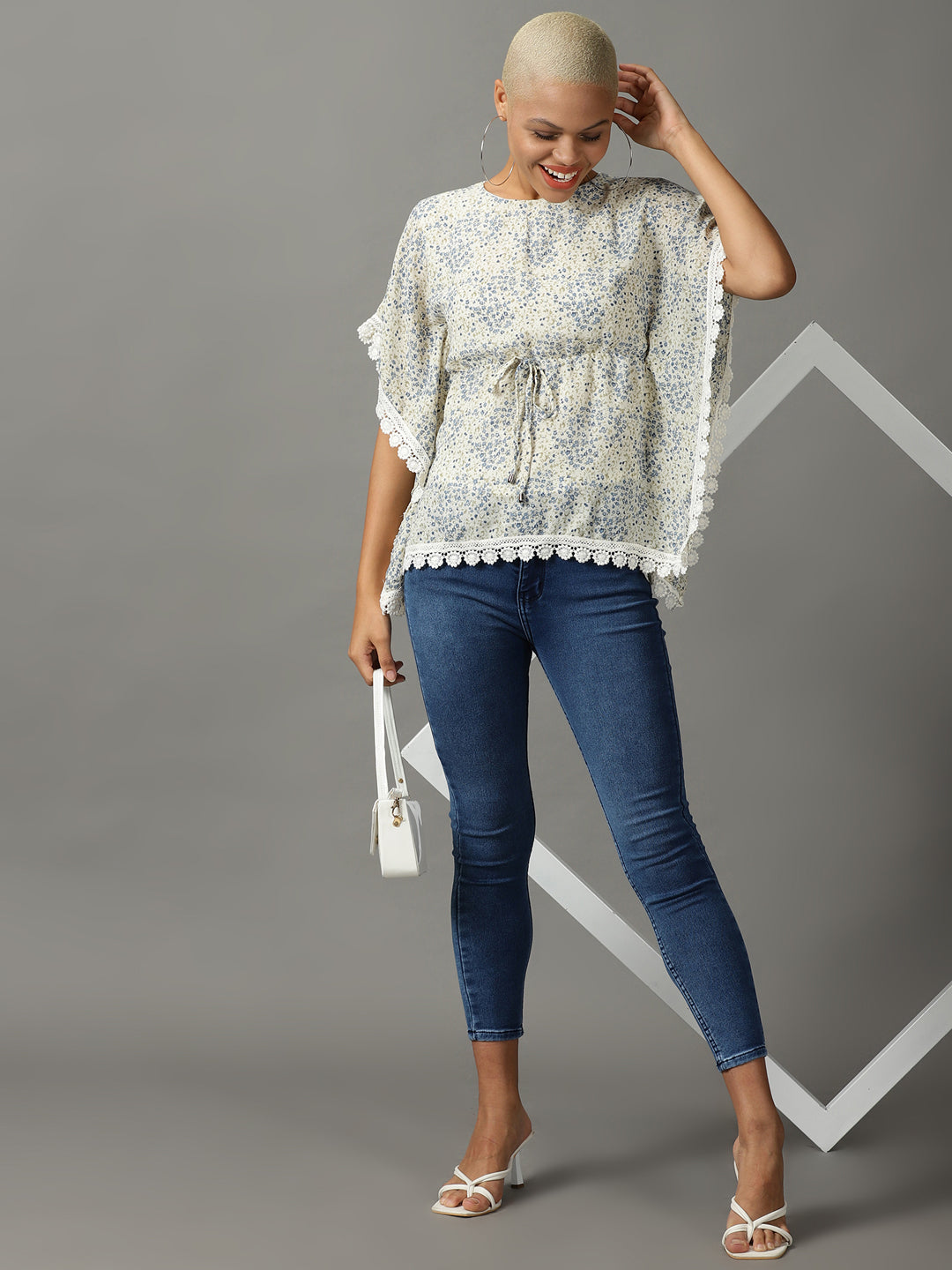 Women's Cream Printed Kaftan Top