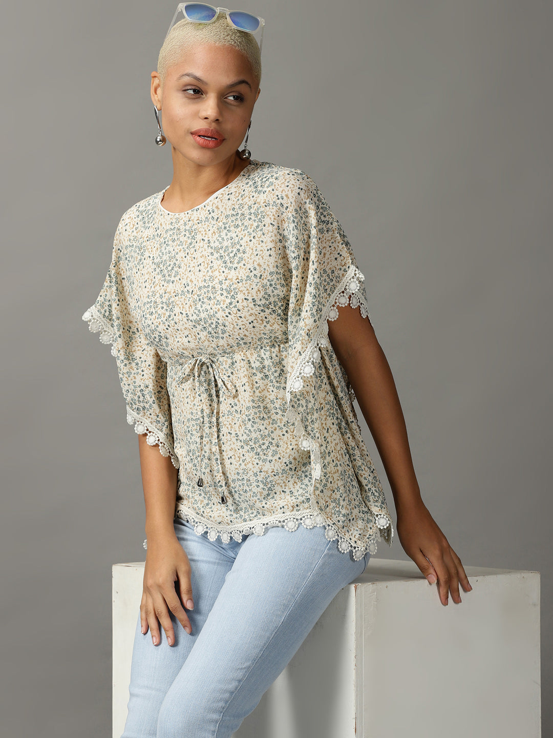 Women's Cream Printed Kaftan Top