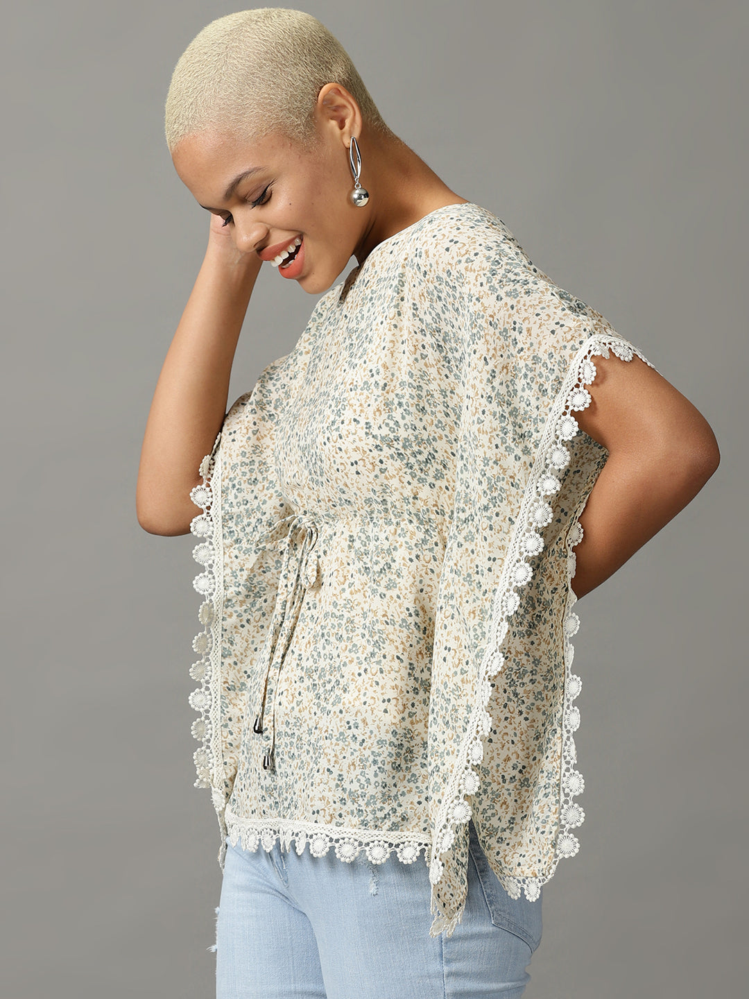 Women's Cream Printed Kaftan Top