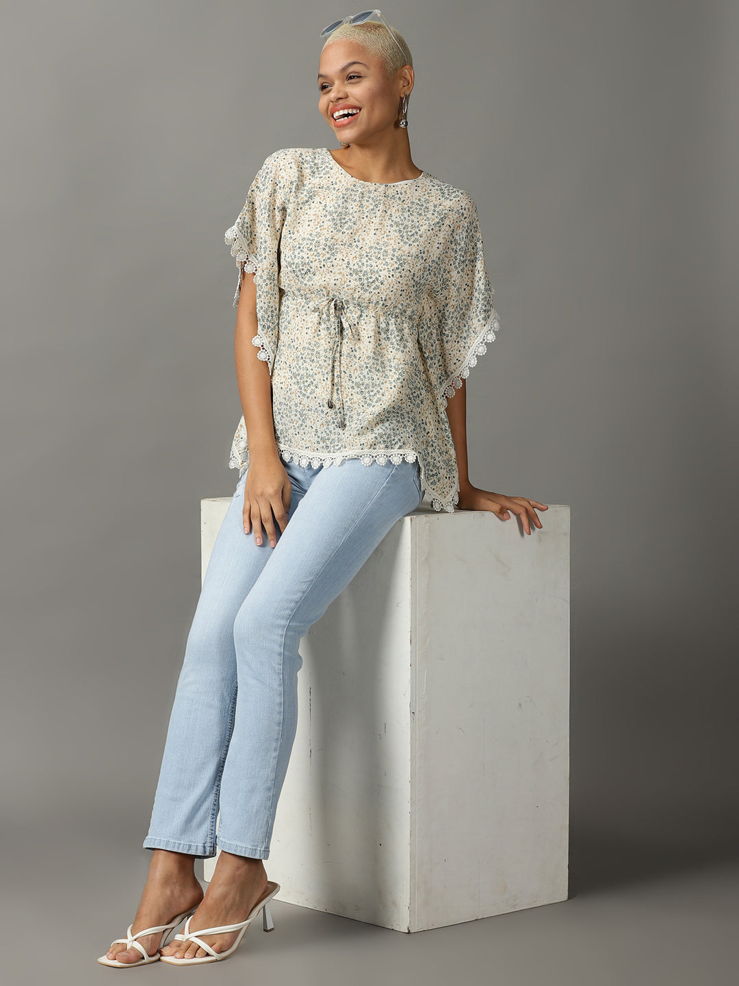 Women's Cream Printed Kaftan Top