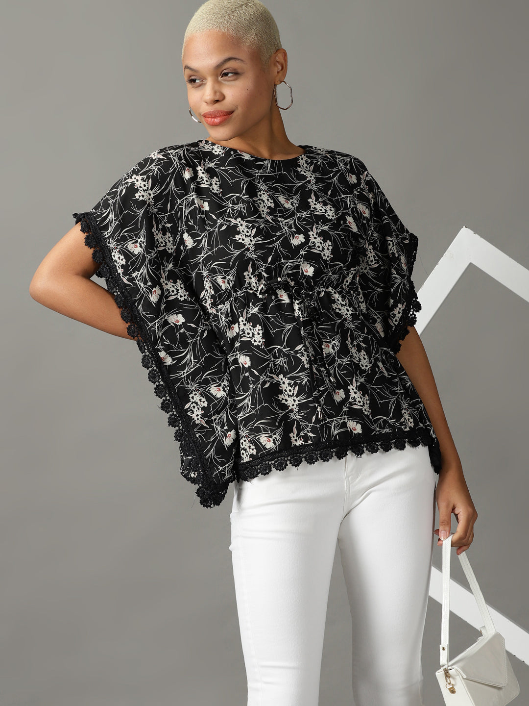 Women's Black Printed Kaftan Top