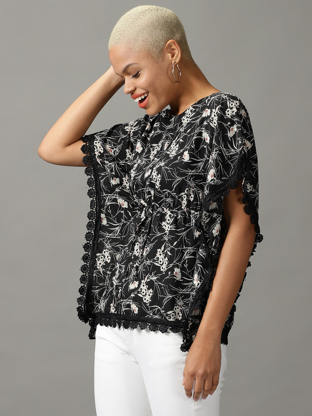 Women's Black Printed Kaftan Top