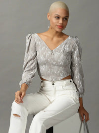 Women's Grey V-Neck Print Crop Top