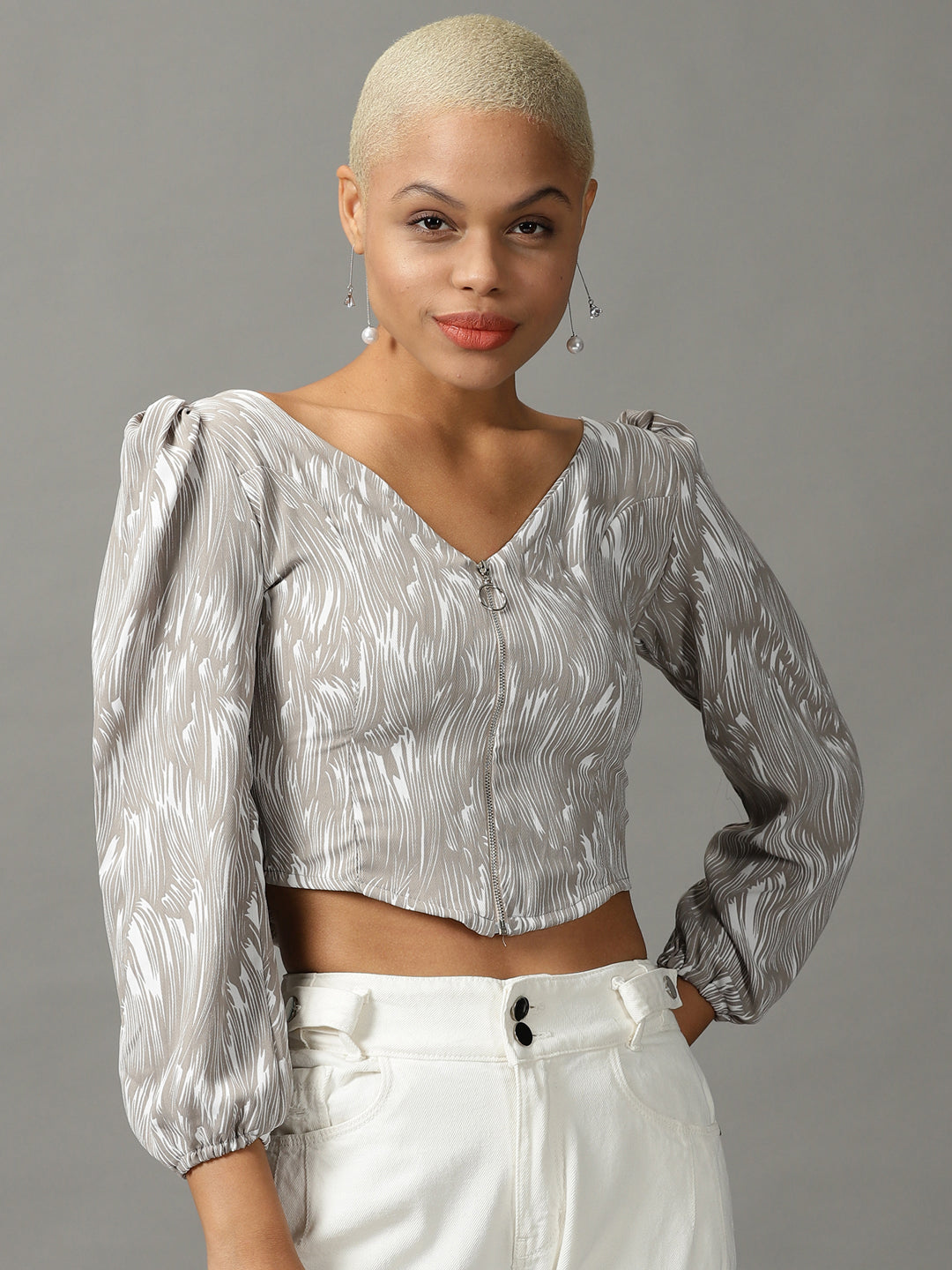 Women's Grey Printed Crop Top