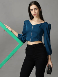 Women's Teal Crepe Crop Top