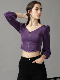 Women's Violet V-Neck Crepe Crop Top